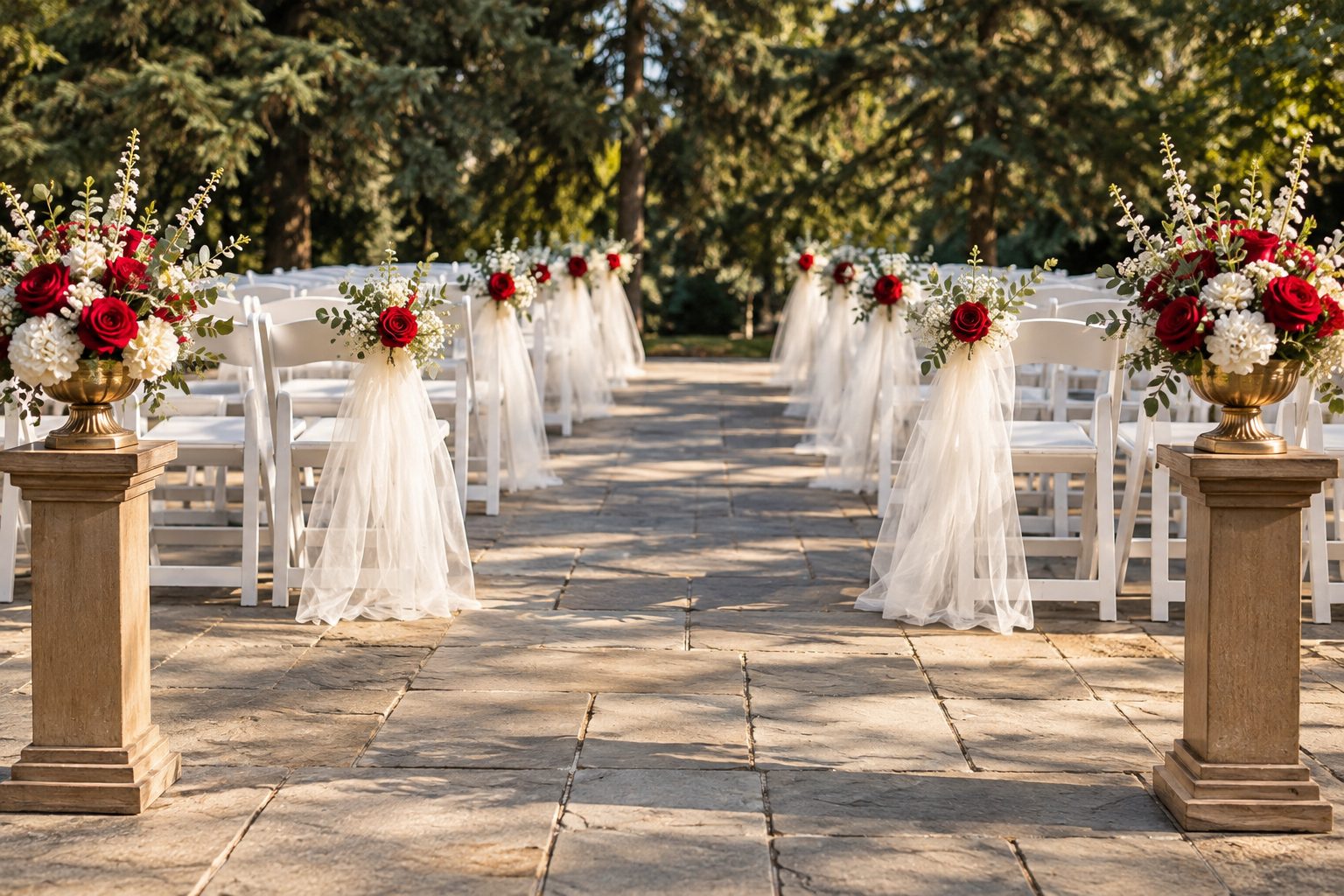 Garden ceremony aisle framed by brass urns of red roses and white delphinium