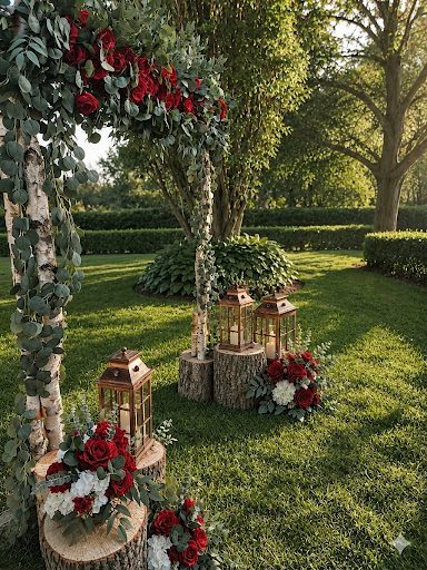 Garden ceremony arch with red roses, eucalyptus and copper lanterns