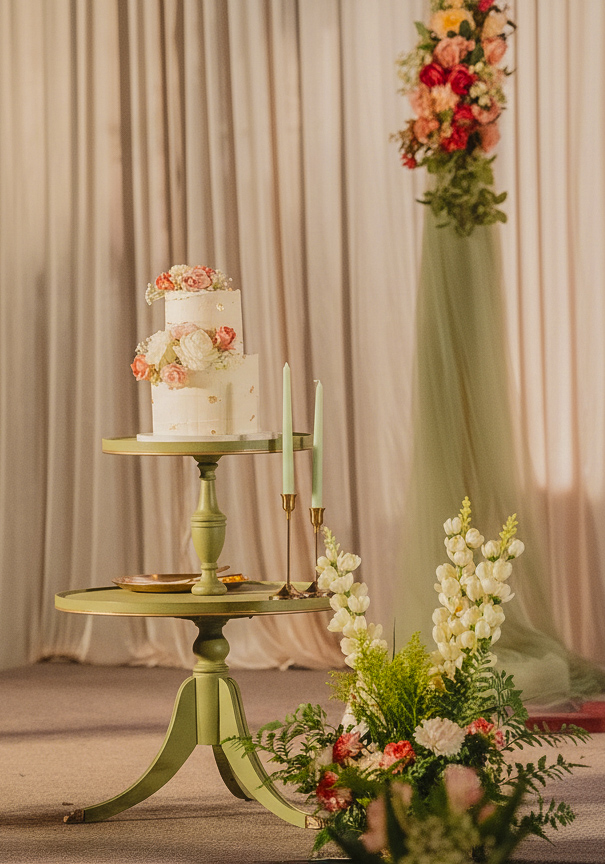 Floral wedding cake with sage pedestal tables and candlelight