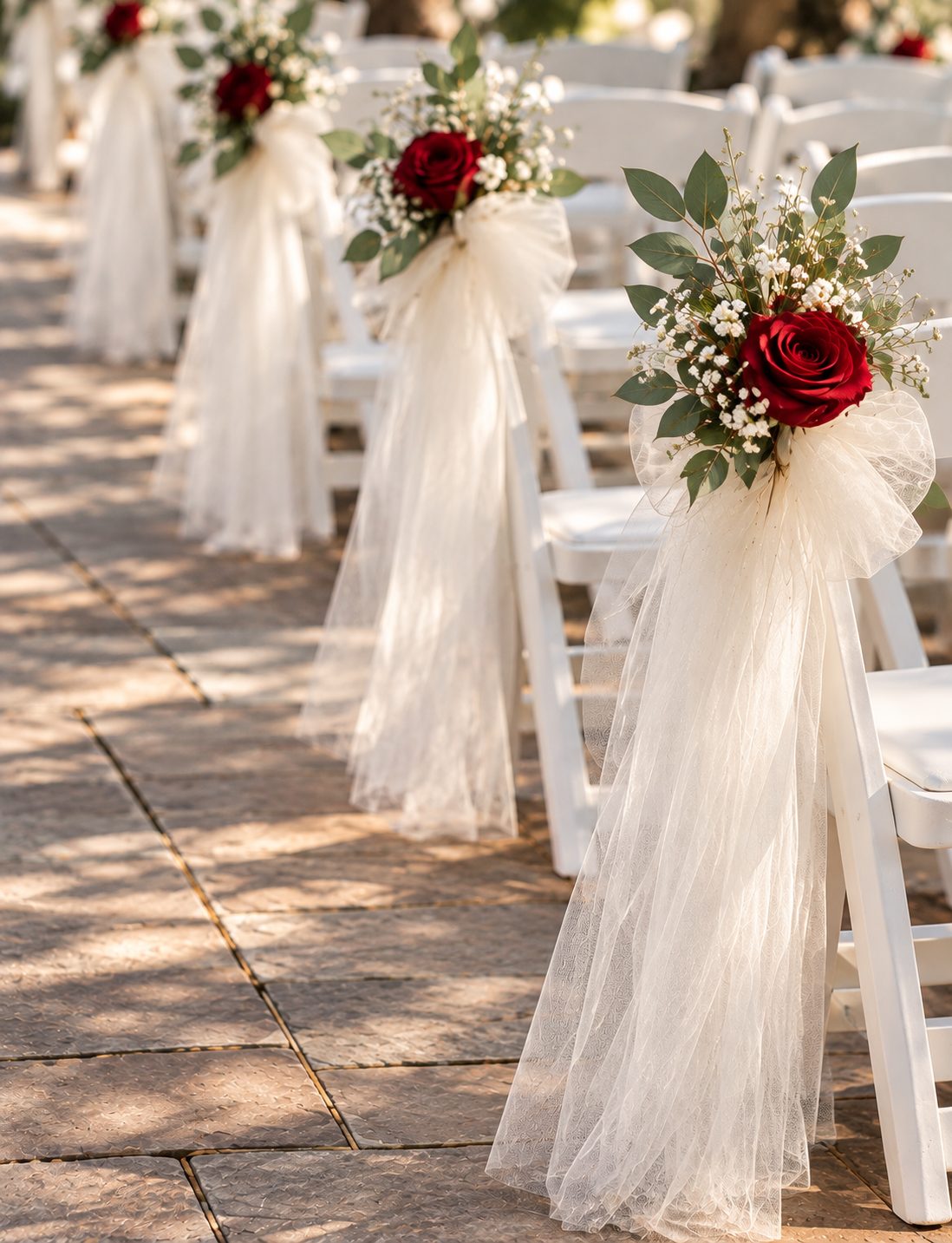 White tulle and eucalyptus aisle marker with a single crimson rose