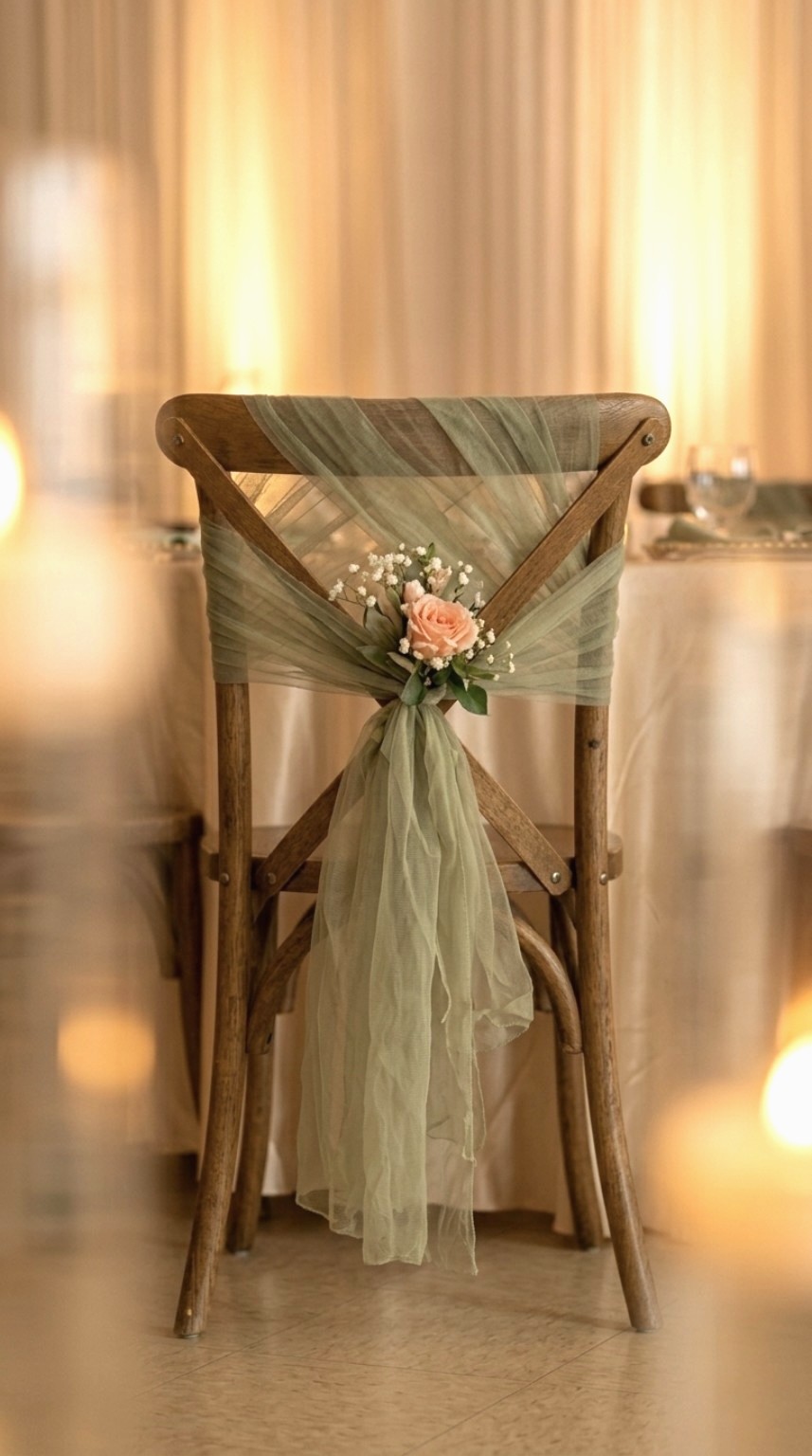 Sage chiffon chair sash with a blush rose and delicate white flowers